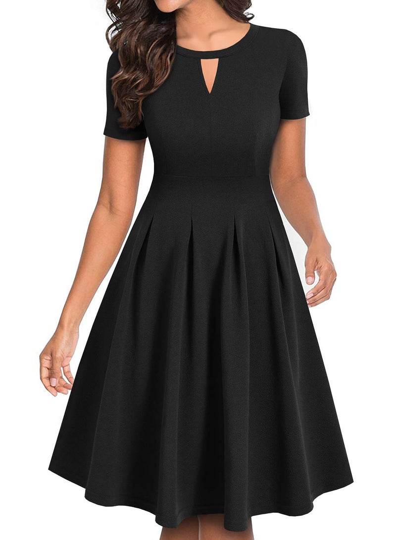 YATHON Women's Vintage Floral Flared A-Line Swing Casual Party Dresses with Pockets (M, YT018-Black Solid D) - Image 1